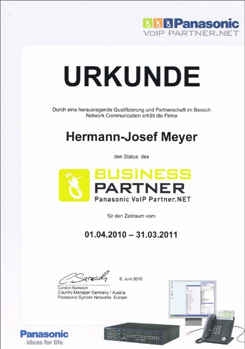 Panasonic Partner Urkunde