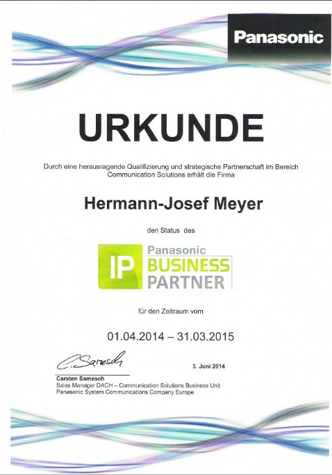 Panasonic Partner Urkunde